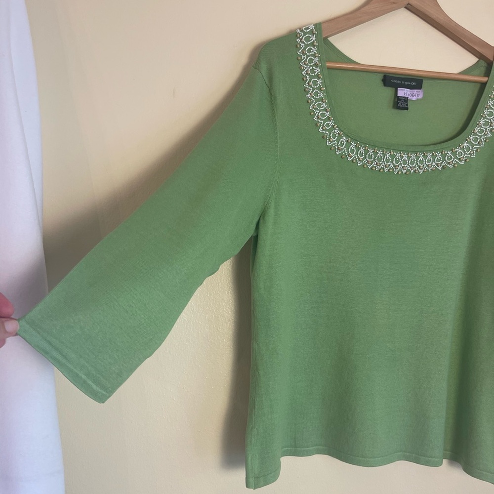 Silk Blend Beaded Knit Sweater XL Mint Green 3/4 Sleeve Quiet Luxury Coastal Top - Picture 8 of 11